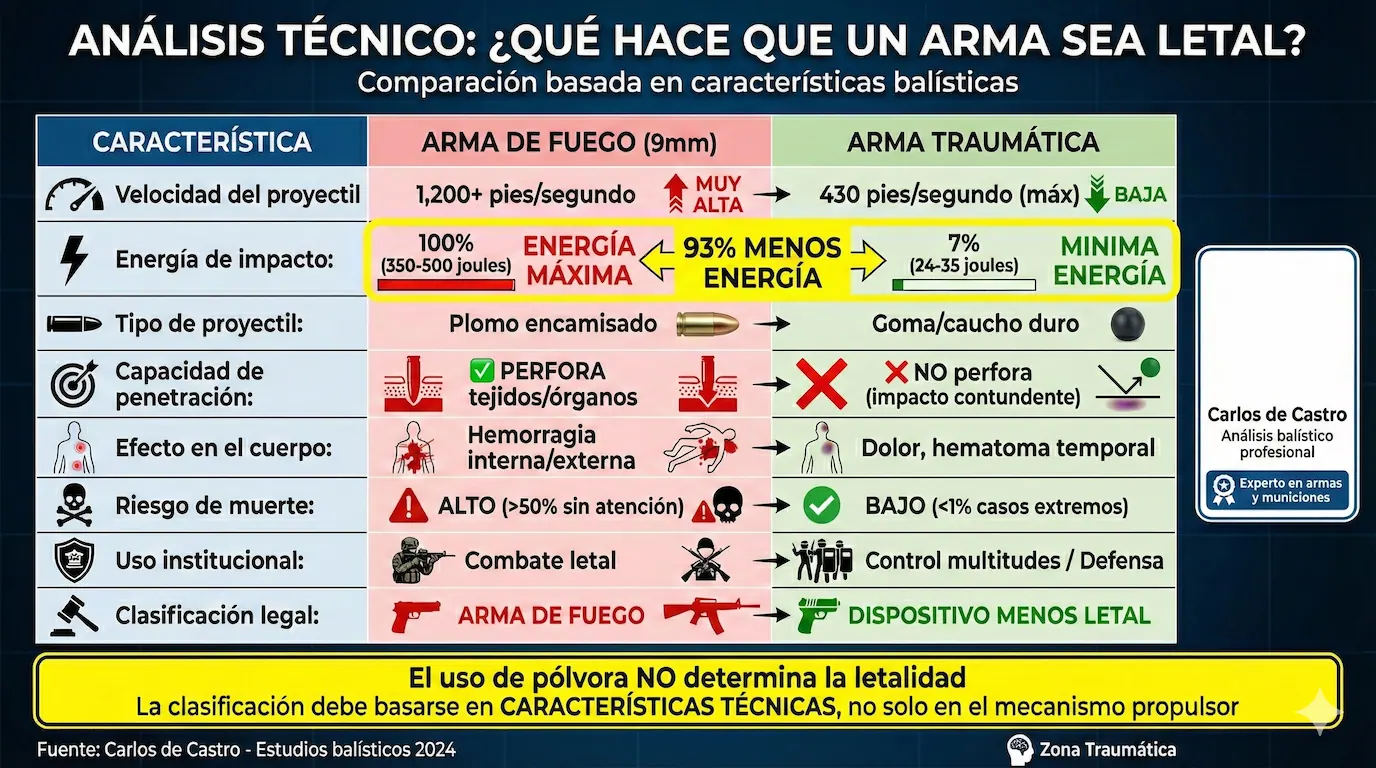 Análisis técnico comparativo: Arma de fuego vs Arma traumática - 8 características balísticas