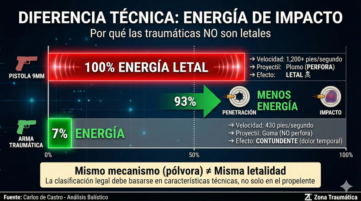 Diferencia técnica: Energía de impacto - Pistola 9mm (100%) vs Arma Traumática (7%)