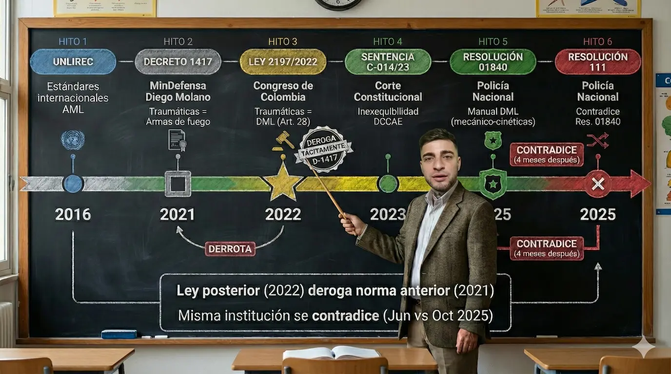 Línea de Tiempo Normativa: UNLIREC 2016 → Decreto 1417/2021 → Ley 2197/2022 (DEROGA) → Sentencia C-014/23 → Resolución 01840/2025 → Resolución 111 (CONTRADICE)